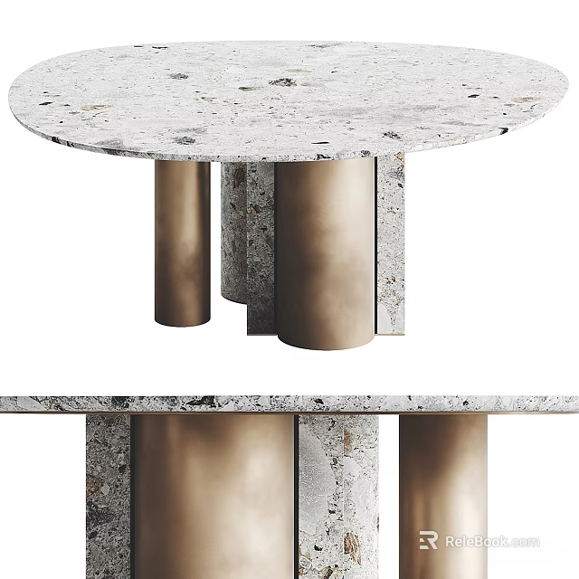 Modern Round Dining Table With Speckled Terrazzo Top And Brass Metal Legs 3d model 