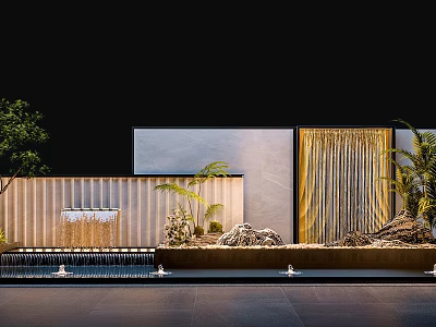 Modern Courtyard Landscape With Water Feature Plants Stone Decorations And Wooden Screens 3d model
