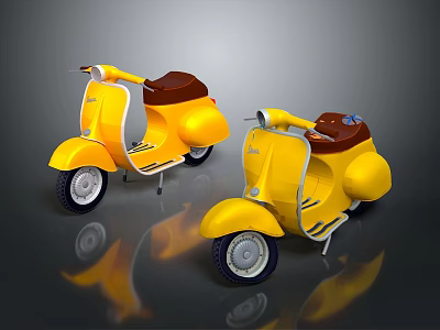 Two Yellow Vintage Scooter Motorcycles With Brown Seats And Reflections 3d model