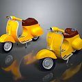 Two Yellow Vintage Scooter Motorcycles With Brown Seats And Reflections
