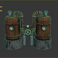 Copper Cylindrical Tanks With Interconnected Brass Pipes And Concrete Bases