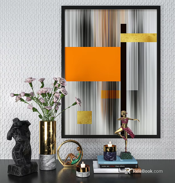 Decorative Ornament Combination With Abstract Painting Golden Vase Purple Flowers And Sculptures 3d model 