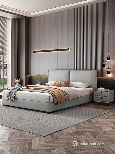 Modern Upholstered Double Bed Interior with Gray Striped Wall Orange Throw and Nightstands 3d model 
