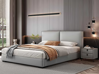 Modern Upholstered Double Bed Interior with Gray Striped Wall Orange Throw and Nightstands 3d model