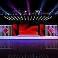 Stunning Stage Setup With Red Background Circular Logos Purple Lighting Steps And Mirrored Floor 3d model