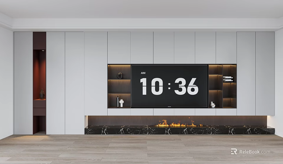 Modern TV Wall Design With White Panels Fireplace And Marble Mantel 3d model 