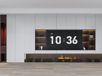 Modern TV Wall Design With White Panels Fireplace And Marble Mantel 3d model