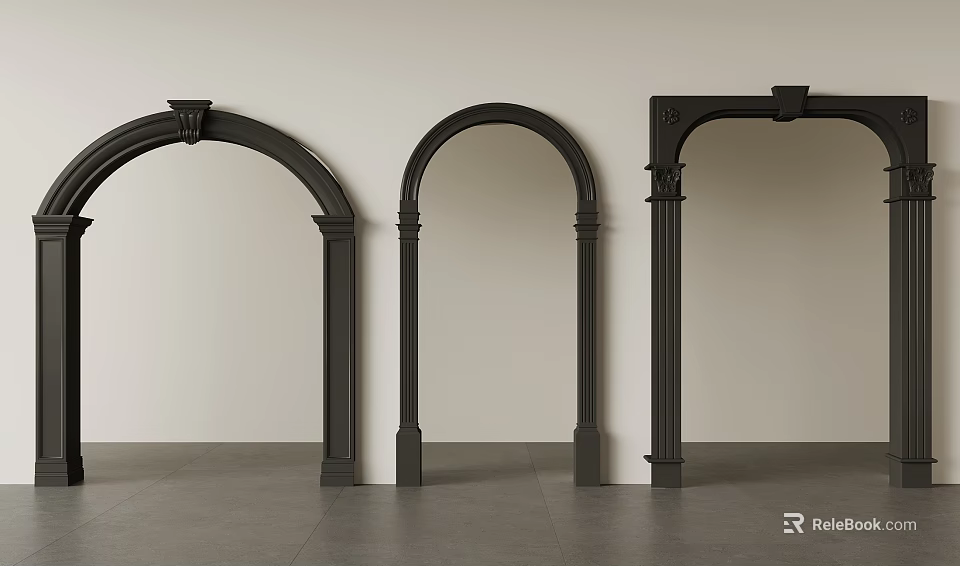 Three Black Arched Door Frames Against Light Wall And Gray Floor 3d model 