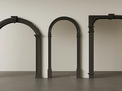 Three Black Arched Door Frames Against Light Wall And Gray Floor 3d model