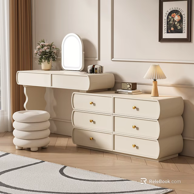 Elegant Cream Dressing Table With Round Mirror Gold Drawers And Table Lamp 3d model 