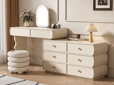 Elegant Cream Dressing Table With Round Mirror Gold Drawers And Table Lamp 3d model