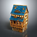 Cartoon Style Three Story House With Blue Tile Roof And Wooden Decorative Beams