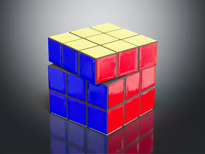 Shiny Solved Rubik's Cube With Yellow Blue Red Faces On Black Background 3d model