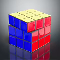 Shiny Solved Rubik's Cube With Yellow Blue Red Faces On Black Background