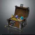Open Wooden Treasure Chest With Pumpkin Decoration Purple Ball Blue Box And Scattered Gold Coins