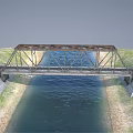 Steel Railway Bridge Structure Spanning Water With Concrete Piers And Rail Tracks