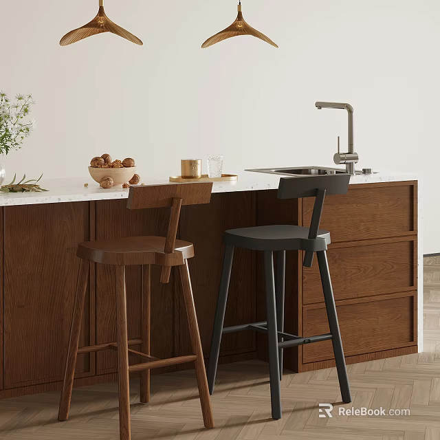 Modern Kitchen Interior With Walnut Cabinets Brown Black Bar Stools And White Countertop 3d model