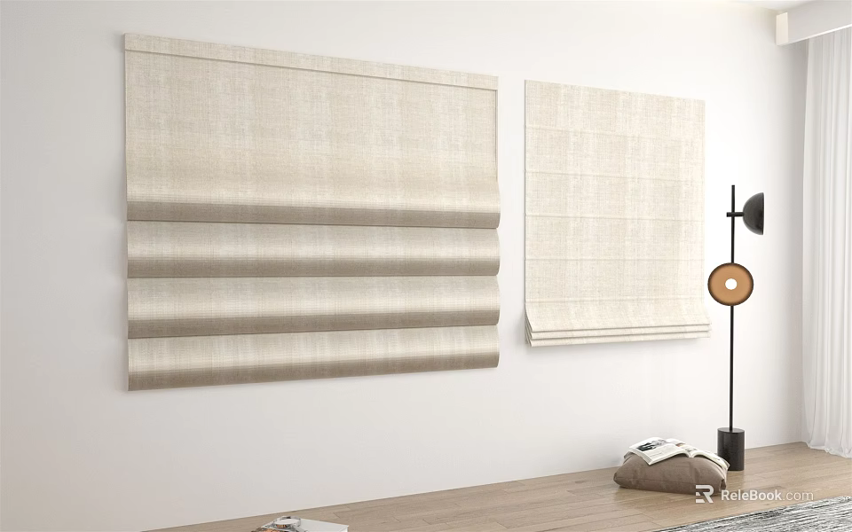 Textured Neutral Beige Roman Blinds In Modern Interior Window Setting 3d model 