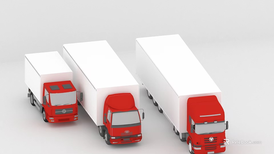Three Red Cargo Trucks With White Trailers In Different Sizes 3d model 