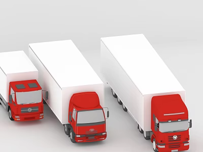 Three Red Cargo Trucks With White Trailers In Different Sizes 3d model