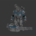 Blue Mechanical Armored Character With Heavy Duty Armor And Massive Gun
