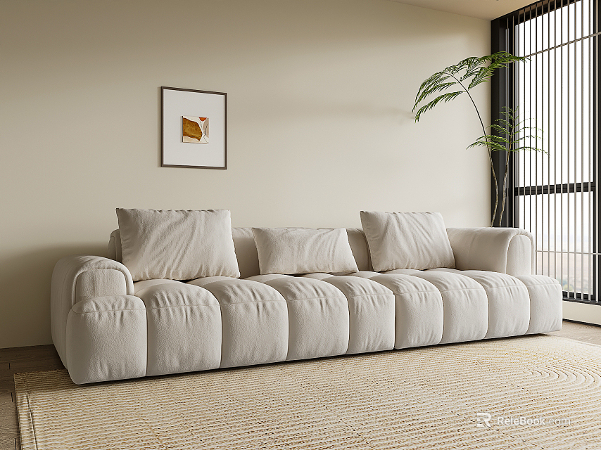 Light Colored Multi-seat Sofa with Soft Cushions Light Rug Painting and Plant in Bright Room 3d model 