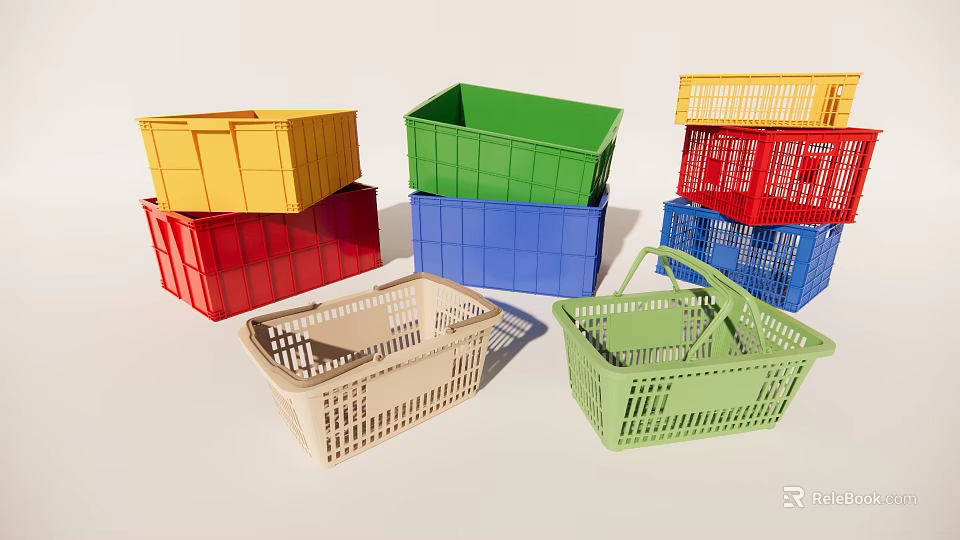 Colorful Plastic Storage Baskets Mesh Design Stackable Handles For Home Use 3d model 