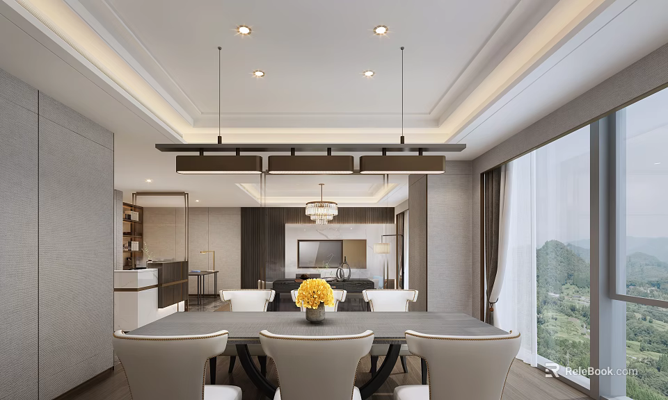 Elegant Modern Hotel Guest Room With Spacious Dining Area And Panoramic Outdoor Landscape View 3d model 