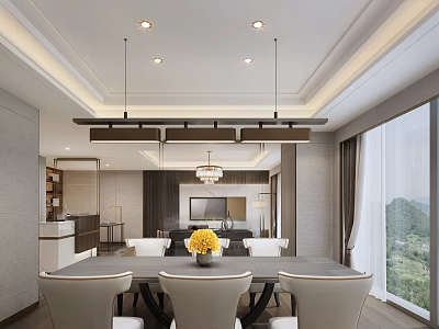 Elegant Modern Hotel Guest Room With Spacious Dining Area And Panoramic Outdoor Landscape View 3d model