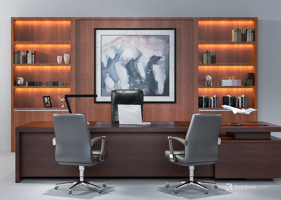 Modern Elegant Office Desk with Laptop Two Gray Chairs Wooden Bookshelves Books Decor and Artwork 3d model 