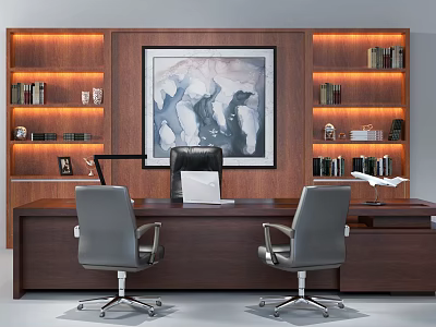 Modern Elegant Office Desk with Laptop Two Gray Chairs Wooden Bookshelves Books Decor and Artwork 3d model