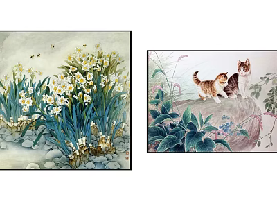 Floral Painting With White Daffodils Bees And Cat Illustration On Rock With Green Plants 3d model