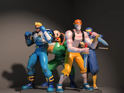 Multicolored Action Figures In Dynamic Poses With Detailed Outfits And Weapons 3d model