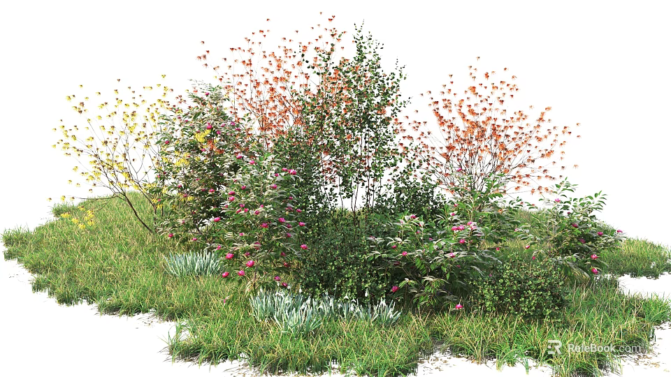 Colorful Flowering Shrubs In Garden Landscape With Green Grass And Stones 3d model 