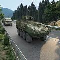 Camouflage Green Military Tank Moving on Road with Trees and Mountains