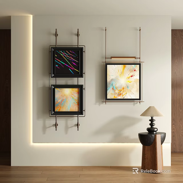 Vibrant Abstract Paintings In Black Frames Hanging On Wall For Modern Interior Decor 3d model 