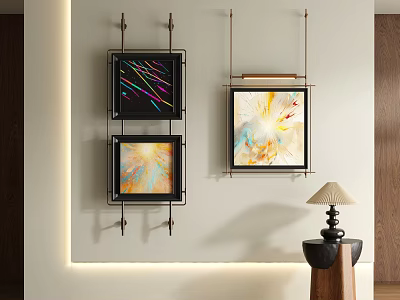 Vibrant Abstract Paintings In Black Frames Hanging On Wall For Modern Interior Decor 3d model