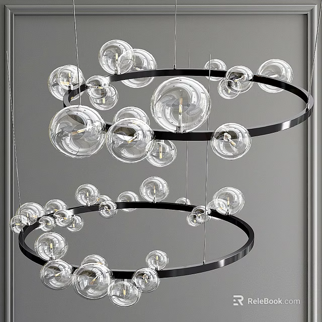 Modern Chandelier With Transparent Glass Globes And Black Circular Hanging Frames 3d model 