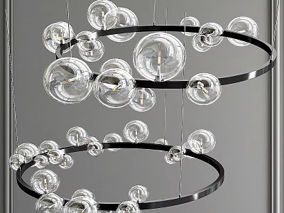 Modern Chandelier With Transparent Glass Globes And Black Circular Hanging Frames 3d model
