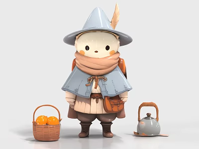 Game Movie Character with Gray Hat Feather Blue Cloak Scarf Brown Bag Orange Basket Teapot 3d model