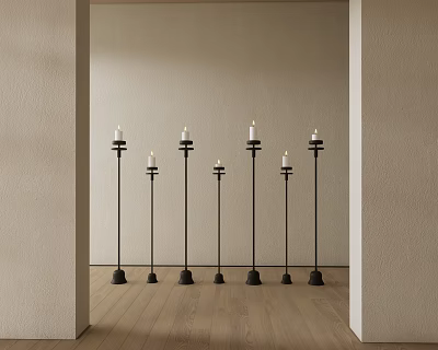 Six Black Metal Candle Lamps with White Candles in Light Wall Wooden Floor Room 3d model
