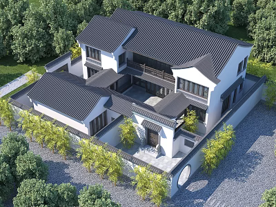 Ancient Chinese Architecture Courtyard with Black Tiled Roof White Walls and Green Trees 3d model