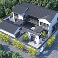 Ancient Chinese Architecture Courtyard with Black Tiled Roof White Walls and Green Trees