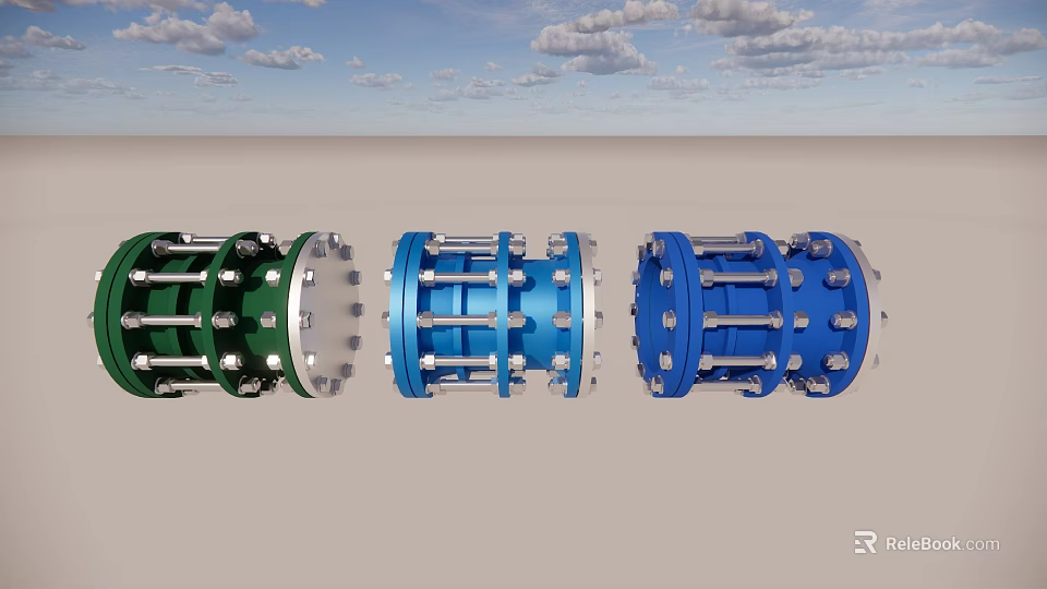 Industrial Equipment Flange Connectors In Green And Blue With Bolted Metal Structure 3d model 