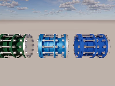 Industrial Equipment Flange Connectors In Green And Blue With Bolted Metal Structure 3d model