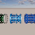 Industrial Equipment Flange Connectors In Green And Blue With Bolted Metal Structure