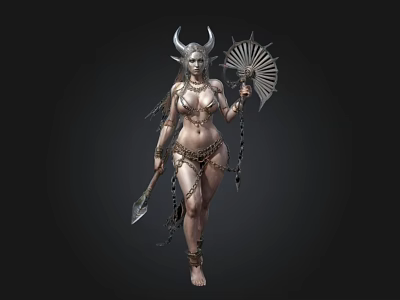 Fantasy Female Warrior With Horns Holding Decorative Fan Axe And Ornamental Chains 3d model