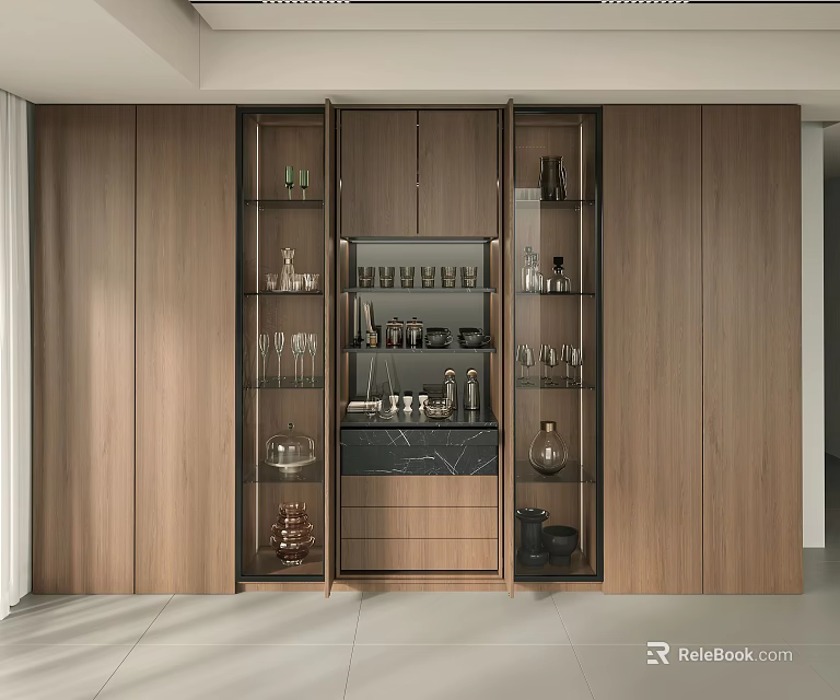 Modern Wooden Wine Cabinet With Glass Doors And Displayed Wine Bottles Glassware 3d model 
