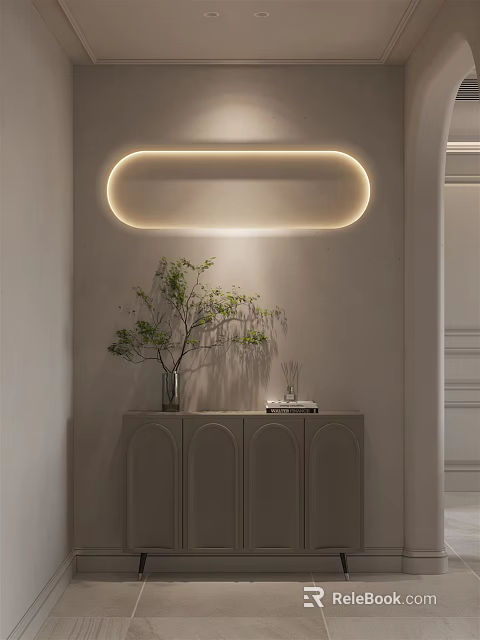 Modern Dining Room Interior With Oval Illuminated Light Fixture Gray Cabinet And Green Plant 3d model 