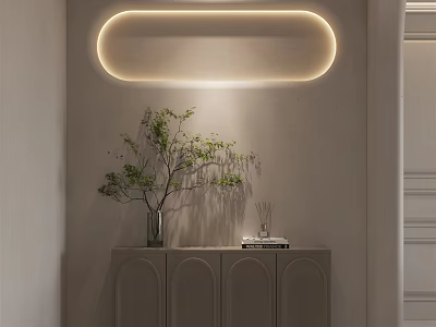 Modern Dining Room Interior With Oval Illuminated Light Fixture Gray Cabinet And Green Plant 3d model